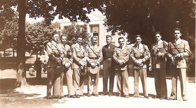 Submitted By Jim Boyd    My orientation group on the Maples    Left to Right - Jack O'Connor, Unknown, Unknown, Jim Boyd, Our Proctor Lt Brown    Dave Sawyer, Lew Kieffer, Colin Maginnis and William Skipp